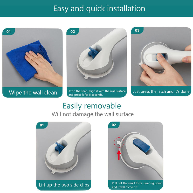 Grab Bars for Bathtubs and Showers, Suction Cup Shower Handle, Removable No Drill Bathroom Safety Assist Grip, Tool Free Install for Seniors and Adults, Shower, Tub, Toilet, RV, 2 Pack