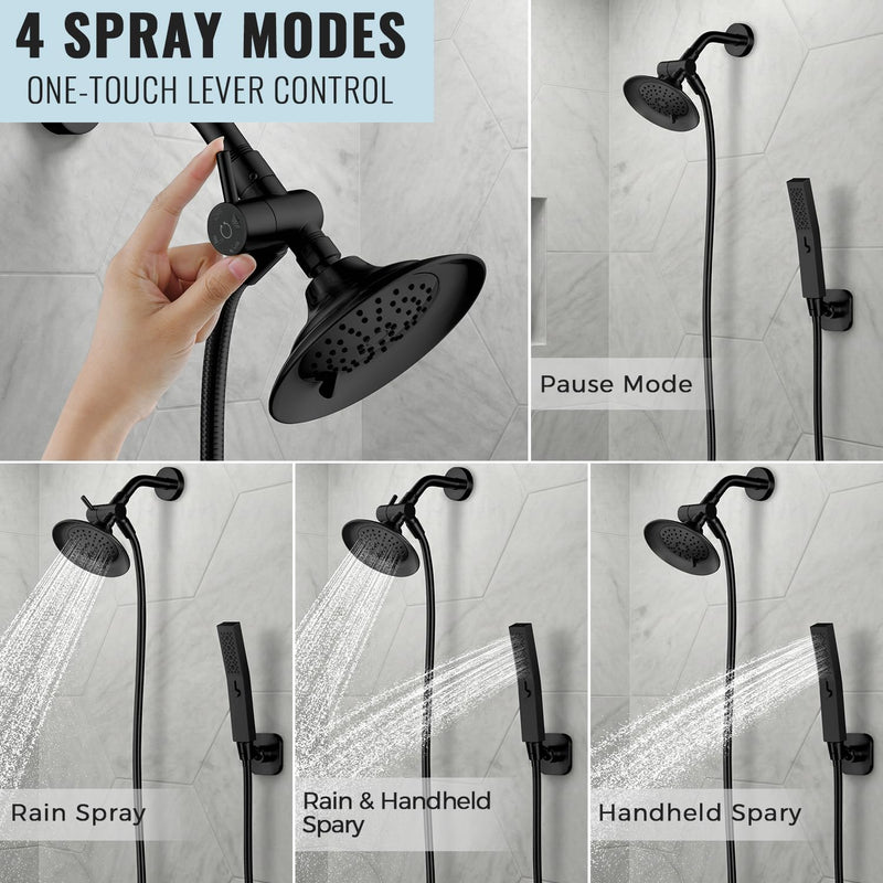 G-Promise All Metal High-Flow Shower Diverter Valve with Pause Mode, 3-Way 4 Setting Splitter for Handheld and Fixed Spray Showerhead Adapter, Bathroom Universal Replacement Part (Matte Black) Matte Black