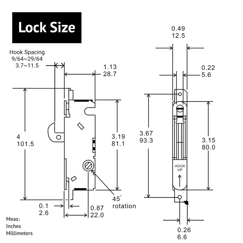 elox Stainless Steel Sliding Patio Door Lock with 45 Degree Keyway, Adjustable Bolt Projection, Suitable for Glass Door, Narrow Stile Aluminum and Wooden Door (22mm Backset) Longer Hook