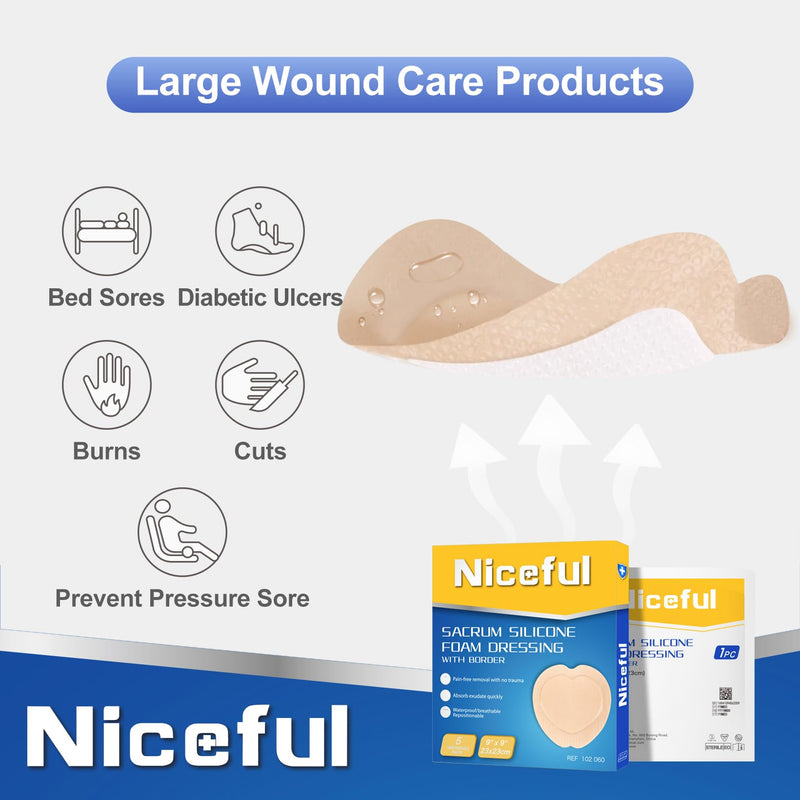 Sacral Foam Dressing 9"x9" - Border Sacrum Bandage for Bed Sores Pressure, Silicone Adhesive Wound Dressing Pads for Large Wound, HSA FSA Eligible, 5 Pcs 9" x 9" (5 PCS)