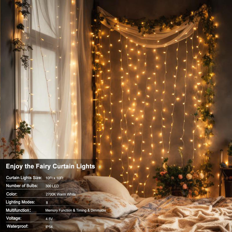echosari 300 LED Curtain Lights Battery Operated, 9.8ft×9.8ft Hanging Lights with Remote Timer Fairy Curtain Lights for Bedroom Patio Wedding Backdrop Party Decór (Warm White) Warm White