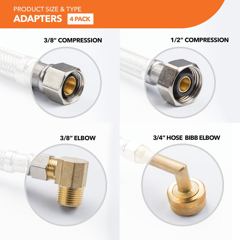 Universal Dishwasher Hose Kit, 3/8" x 3/8" Compression, 6ft long Braided Stainless Steel Hose + 3/4" Hose Bibb Elbow + 3/8" Compression Elbow + 3/8" Compression Adaptor + 1/2" Compression Adaptor Dishwasher Kit 3/8"Cx3/8"C + Elbows (2) + Adapters (2)