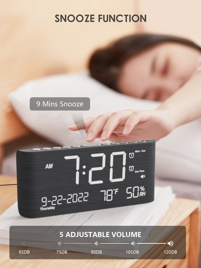 Wooden Digital Alarm Clocks for Bedrooms, Bedside Desk Clock with Day and Date, USB Charging Port, Temperature & Humidity Detect, Weekday/Weekend Mode, Dual Alarm, 2-100% Brightness Dimmer, 12/24H Darkgray