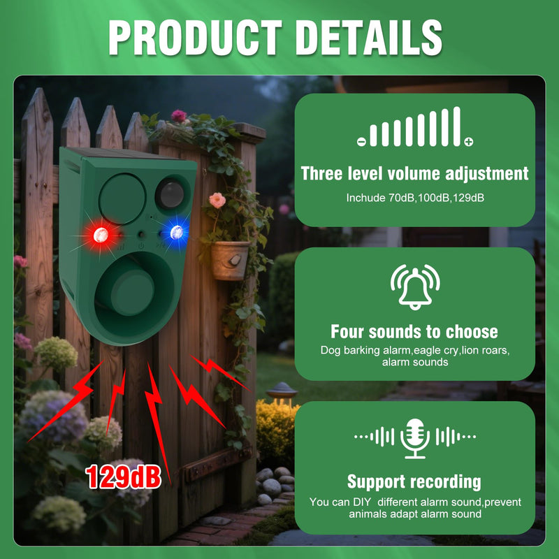 ChunHee Solar Outdoor Motion Sensor Alarm with Dog Barking Alarm Sound, Support Recording and Adjustable Volume, 129db Loud Noise Maker 4 Work Modes Strobe Light for Home, Villa, Farm, Barn (1pack) 1PC