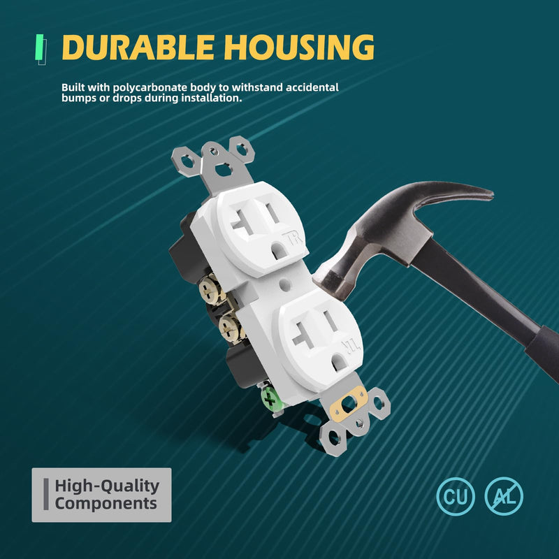 Duplex Wall Receptacle Outlets, 20A Tamper-Resistant Electrical Receptacle, 2 Pole 3 Wire, Self-Grounding, Residential Grade Wall Power Socket, White, UL Listed, 10 Pack 20 Amp