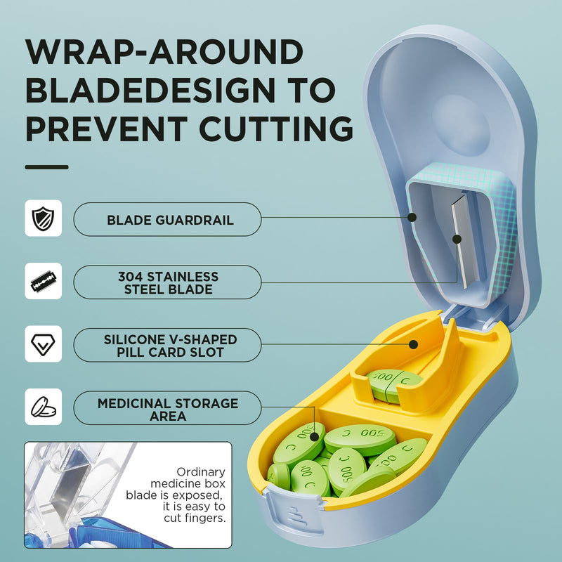 Pill Cutter for Small and Tiny Pills - Pill Splitter with Detachable Silicone Pad - Easy Open Snap Button. Wrap-Around Blade Guard Prevents Cuts. Back Storage (Blue) Blue