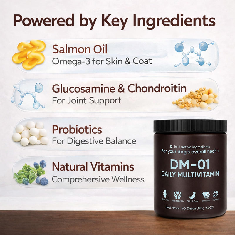 DM-01 Daily Multivitamin for Dogs, Dog Daily Multivitamin for Skin & Coat Health, Joint Support, Digestive Health, with Salmon Oil, Chondroitin, and Natural Vitamins, Beef Flavor, 60 Chews (1) 1