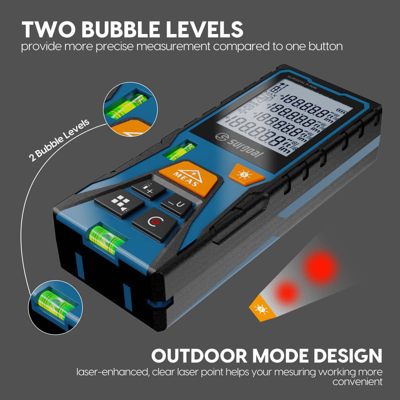 Laser Measure with 2 Bubble Levels 196/328ft Outdoor Digital Laser Measurement Tool Handle Distance Measuring Tape for Area Volume Pythagoras Mode Portable Durable One Size 60M/196FT