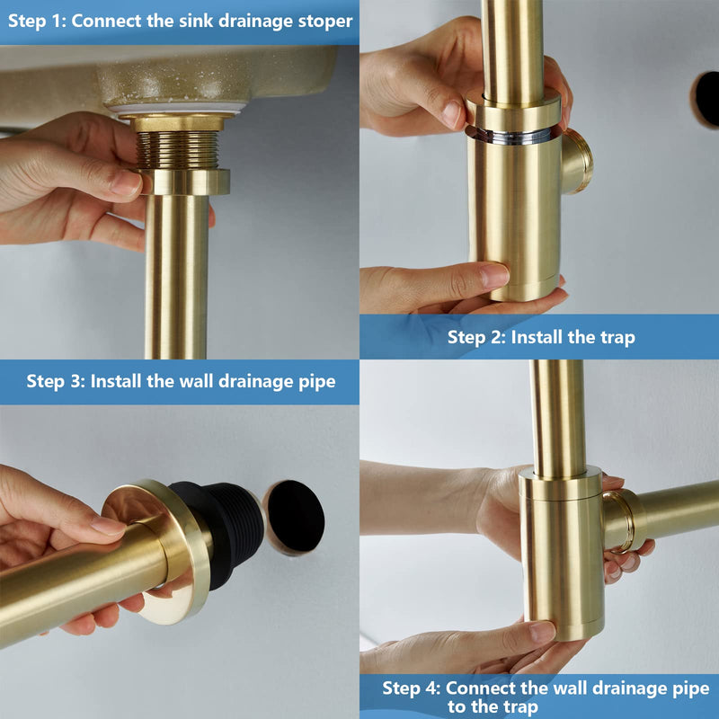 Brass P Trap Bathroom Sink: 1-1/4 Sink Trap with Adjustable Height - Matte Black Round Bottle P-Trap with Slip Joint Extension Tube - Basin Sink Stainless Steel Plumbing/Pipe Replacement Kit
