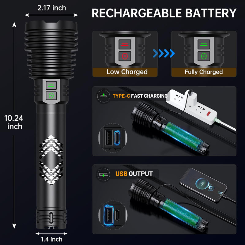 Rechargeable Flashlights 600,000 High Lumens, Super Bright LED Flashlight with Long Handle, Large Capacity Battery, Zoomable & 6 Modes, Waterproof Handheld Flashlight for Camping Emergencies Home