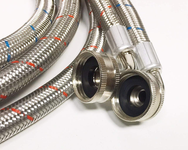 2-pack premium stainless steel washing machine hoses - 5 FT no-lead burst proof red and blue lined water inlet supply lines - universal 90 degree elbow connection - 10 year warranty