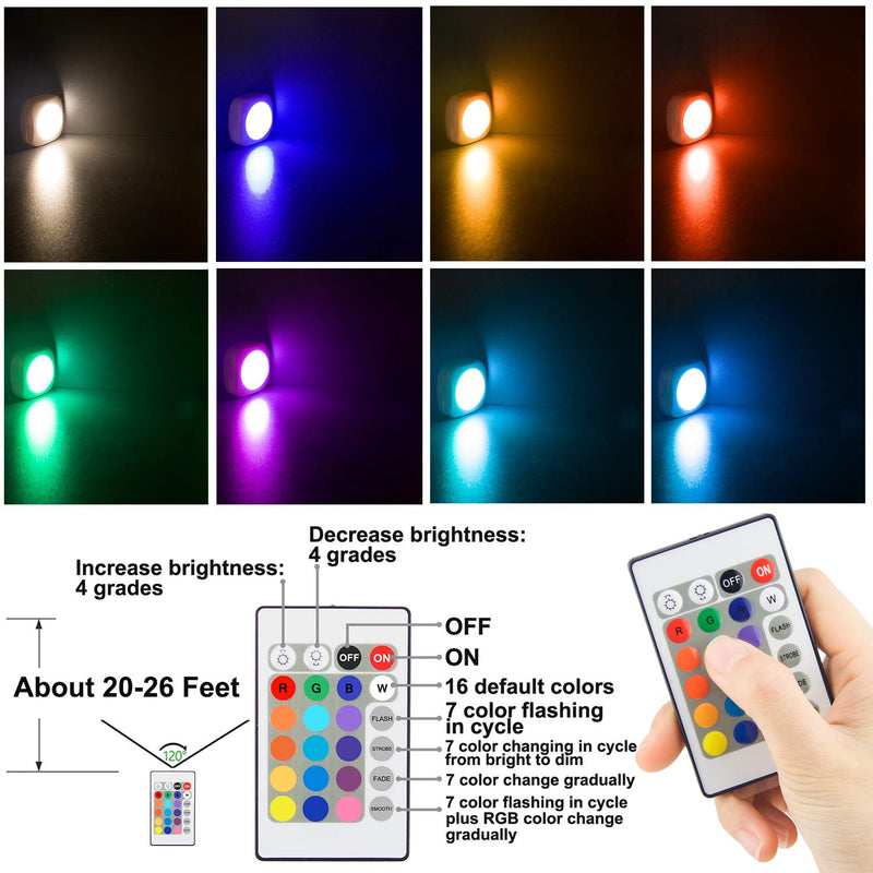 LUXSWAY Battery LED Color Lights, Puck Lights with 2 Remote,Tap Closet Lights, 16 Color Chaning RGB Light Stick to Wall, Under Shelf Lighting -4 Pack 16 Colors