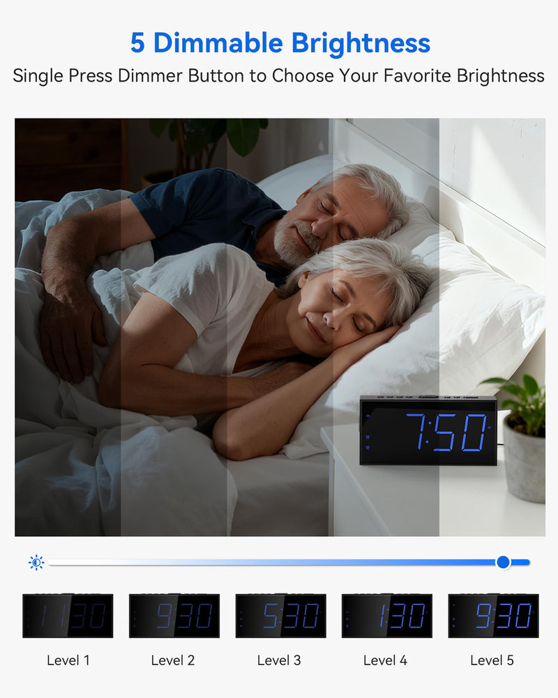 Simple Digital Alarm Clock for Bedroom - Easy to Use with Large 7.5" Display, Dual Alarms, Dimmable, USB Charger & Battery Backup, 12/24H & DST - Plug-in Electric Clock for Heavy Sleepers, Kid, Senior Blue Digits