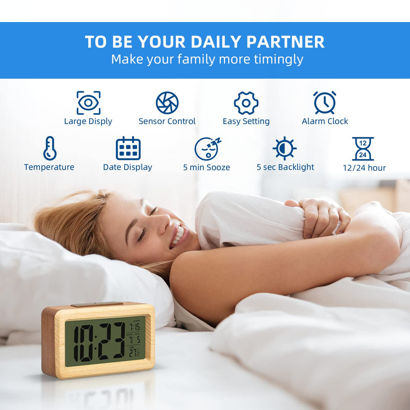 everwood Wooden Digital Battery Operated Alarm Clocks for Bedrooms, Beside, Table, Desk Wood