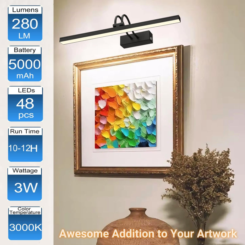 FUNCHDAY Picture Light, Wireless Rechargeable Gallery Light with Remote, 280LM Dimmable Painting Art Lighting Battery Operated, 16" Metal Picture Lights for Wall Art,Paintings,Mirror (Black) Black 16 Inches