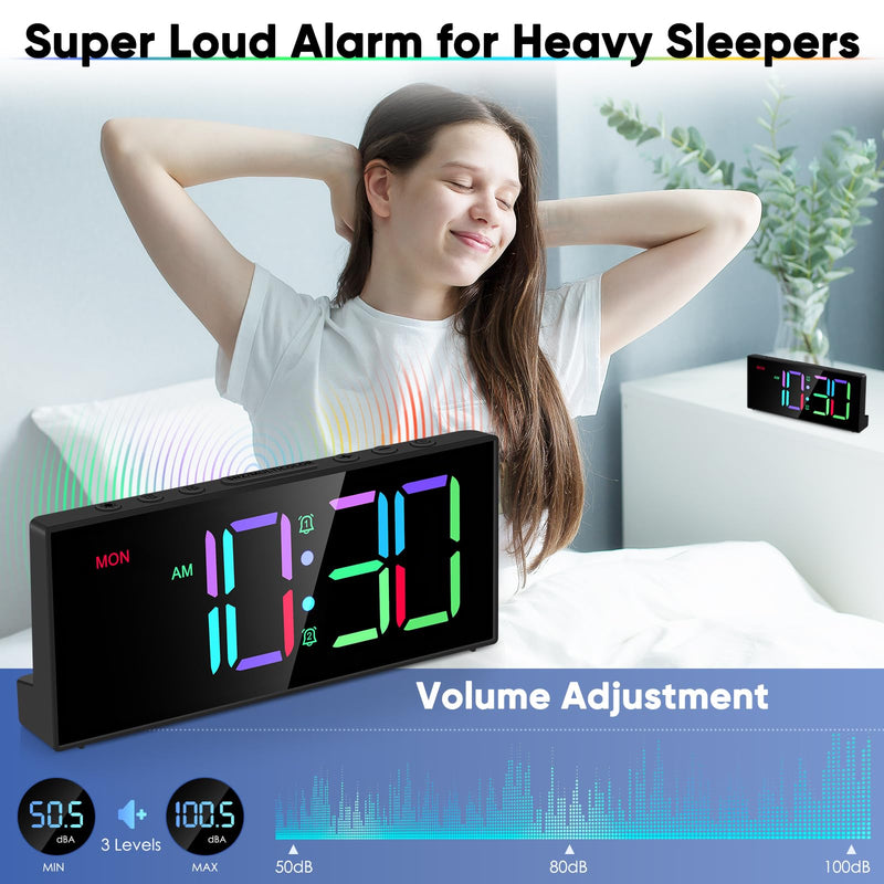 Loud Alarm Clock for Heavy Sleepers, Digital Clocks with Adjustable Volume Brightness,Snooze,Battery Backup, Large Numbers Display RGB Colorful Changing Clock for Bedrooms,Offce Living Rooms