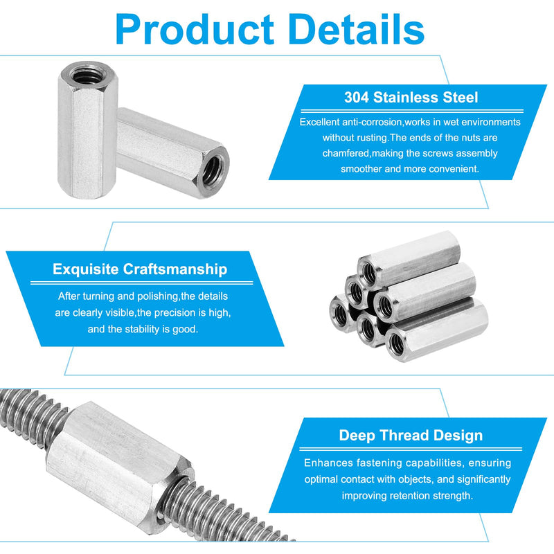 PATIKIL 1/4"-20 UNC 304 Stainless Steel Hex Coupling Nuts, 5Pcs 1" Length Fully Threaded Rod Coupling Nut Studding Connector Fasteners, Silver Tone 1/4"-20 x 1" 5