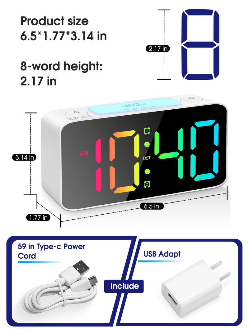 Cadmos Super Loud Alarm Clock for Heavy Sleepers Adults,Digital Clock with 7 Color NightLight,Adjustable Volume,USB Charger,Small Clocks for Bedrooms,Ok to Wake Up for Kids,Teens (White+RGB) White+rgb