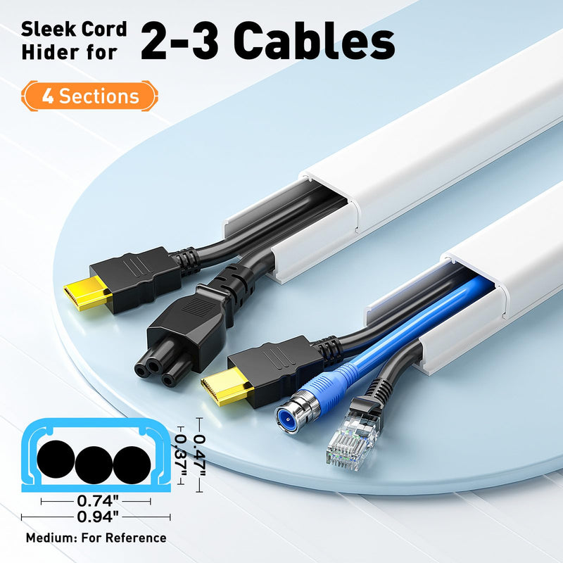 Delamu Cord Hider, 62.8in Cable Hider, Cord Covers for Wires on Wall, Wire Covers for Cords, Wire Hiders for TV on Wall, Easier Setup Cable Cover Cable Management, 4X L15.7 W0.94 H0.47in Medium White