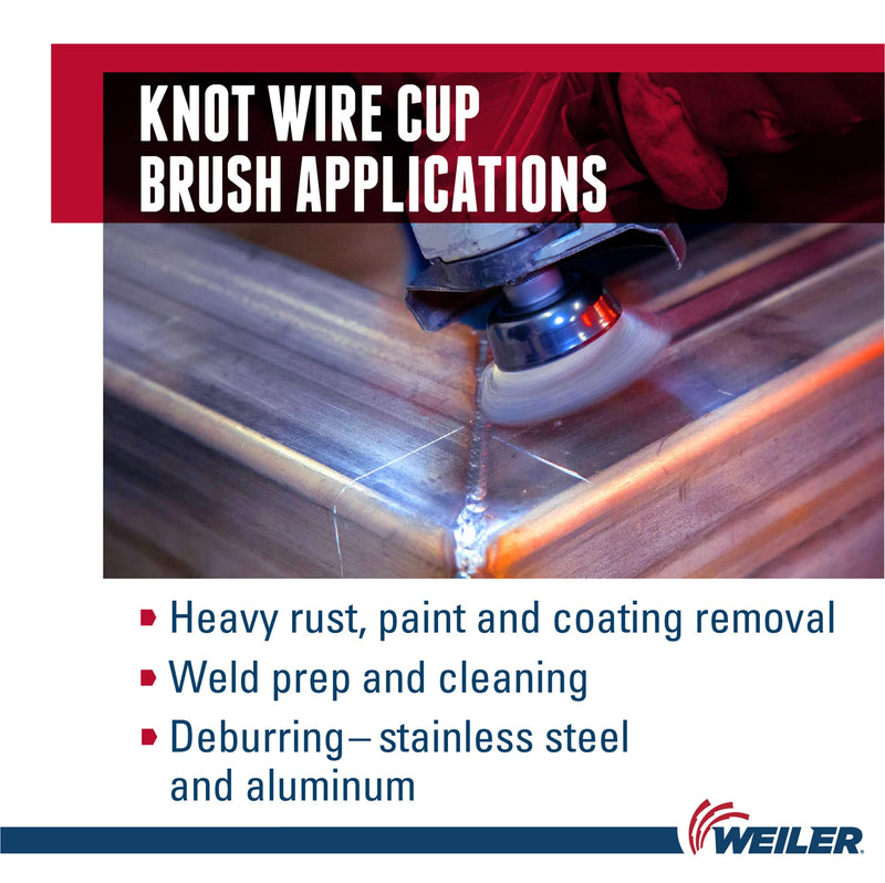 Weiler 13253 2-3/4" Single Row Knot Wire Cup Brush, .020" Stainless Steel Fill, M10X1.25 Nut, Made in the USA