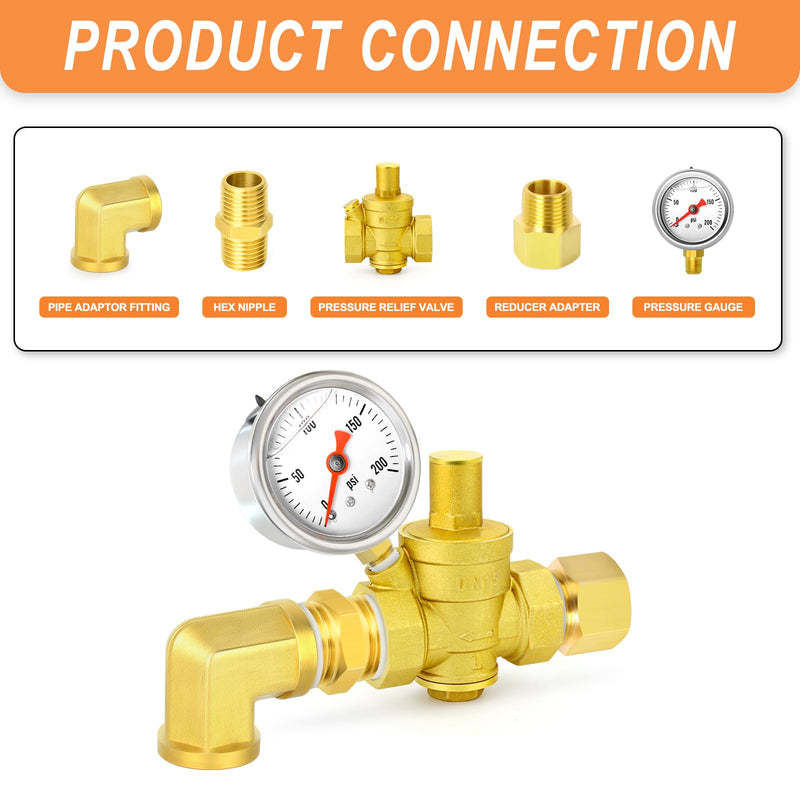 GASHER Brass 1/2" Pressure Regulator Adjustable,Water Pressure Reducer Kit, Pressure Relief Valve For RV Camper Travel,Water Heater,Solar And Home