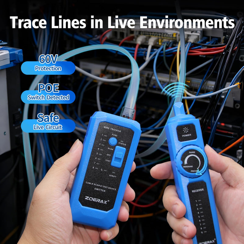 Wire Tracer, Network Cable Tester with Auto Wake Function - Locate, Test, Tone in One Step Safe for POE Switch Tracing, Anti-Interference, for Continuity, Wire Map, Open/Short, Long-Lasting