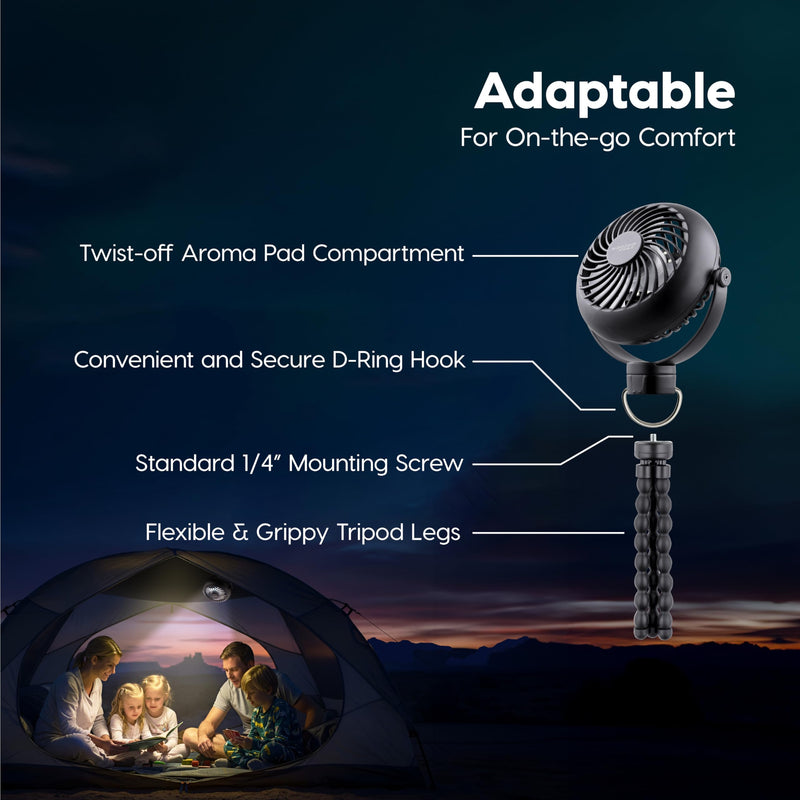 IRIS USA WOOZOO 3.5" Cordless Portable Personal Fan with Flexible Tripod Stand, 10-Hour Runtime, 360° Tilt, 3 Speeds, LED Light, Mosquito Repellent Tray, USB-C Charging, for Indoor/Outdoor Use, Black
