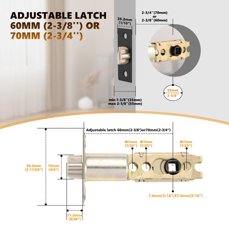 Adjustable Door Latch 2-3/8''(60mm)or 2-3/4''(70mm), 45° Turning Angle Universal Door Lock Replacement Part with 5/16'' Square Hole, Suitable for Interior Door and Front Door Leverset Latch.