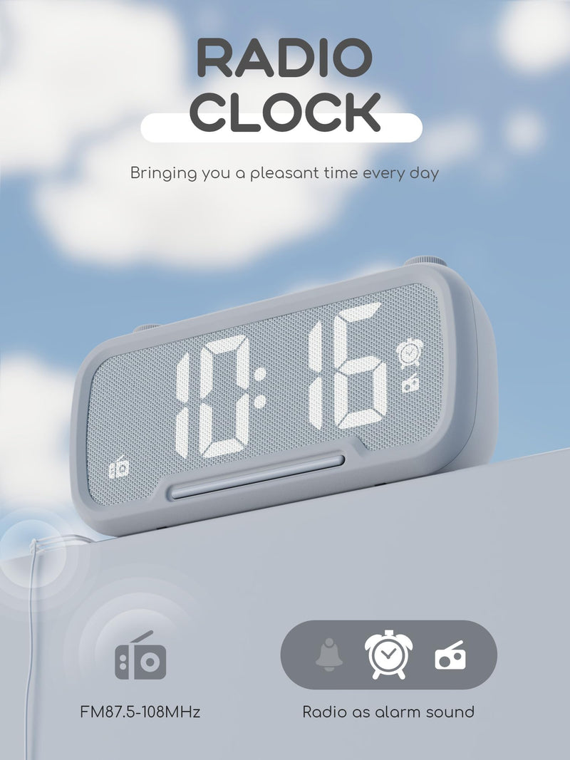 ROCAM Clock Radio, FM Radio Alarm Clock for Bedroom Modern Design, Auto Scan 20 Presets Auto-Off Sleep Timer, Bluetooth Speaker, Night Light, USB Ports, Brightness Dimmer White