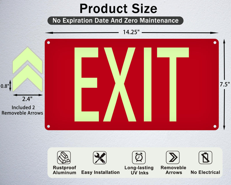 (2 Pack) Photoluminescent Exit Sign Red - with Removable Directional Arrows, With strong self adhesive tape, 14.25 x 7.5 Inches Heavy Duty Aluminum Signs, Fade Resistant 2pack