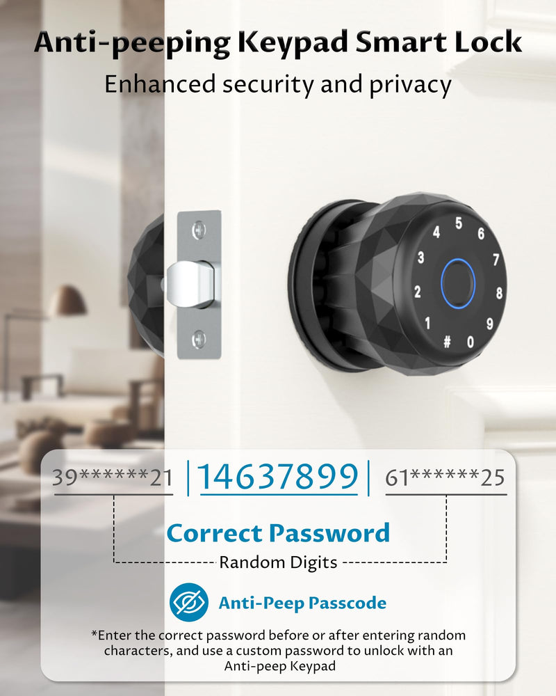 Biometric Fingerprint Door Lock, Smart Keyless Entry Knob | Fingerprint Unlock, Keypad Entry, APP Control, Auto Lock, Easy Install, Multi-User Access, Low Battery Alert, Bedroom Office Black-Diamond