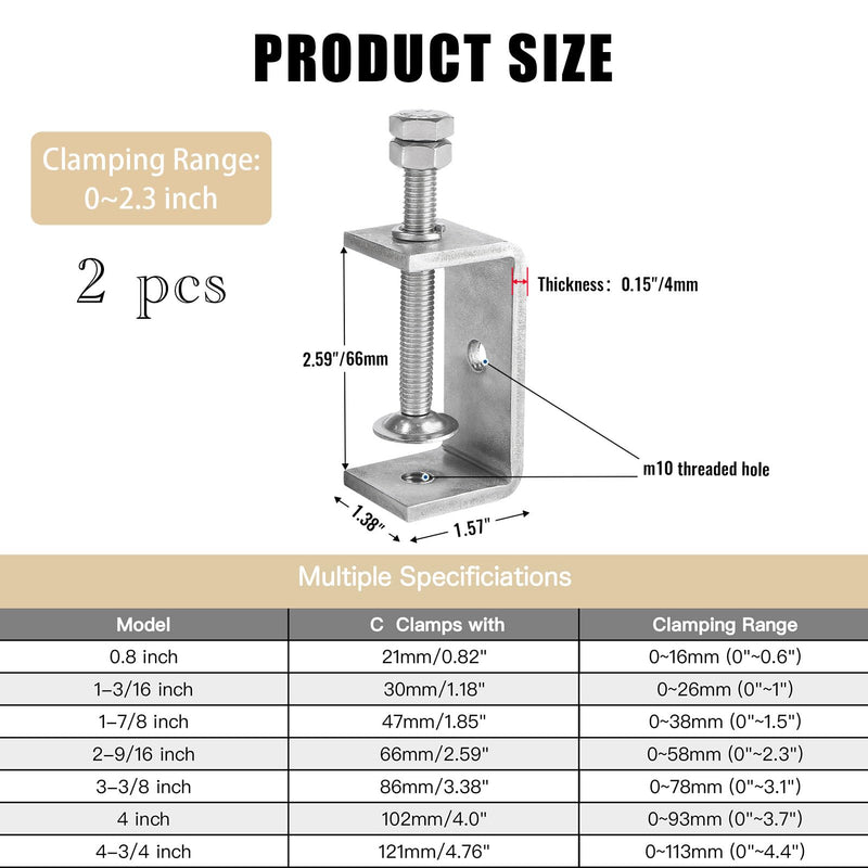 2 Pack 304 Stainless Steel C Clamp 2-9/16 Inch C Clamps for Woodworking and Welding Mounting，Suitable for Home and Professional Use 2 9/16 inch─2pcs─66mm