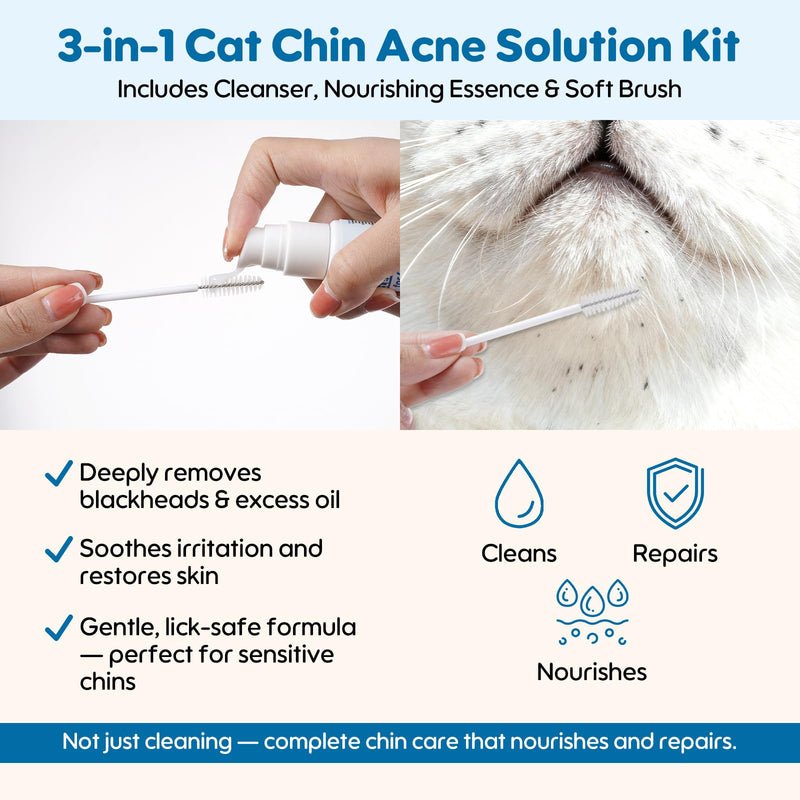 Cat Chin Care Kit – Feline Acne Treatment Set with Cleanser, Nourishing Serum & Soft Brush – Removes Blackheads, Soothes & Repairs Skin – Safe, Gentle & Vet Recommended
