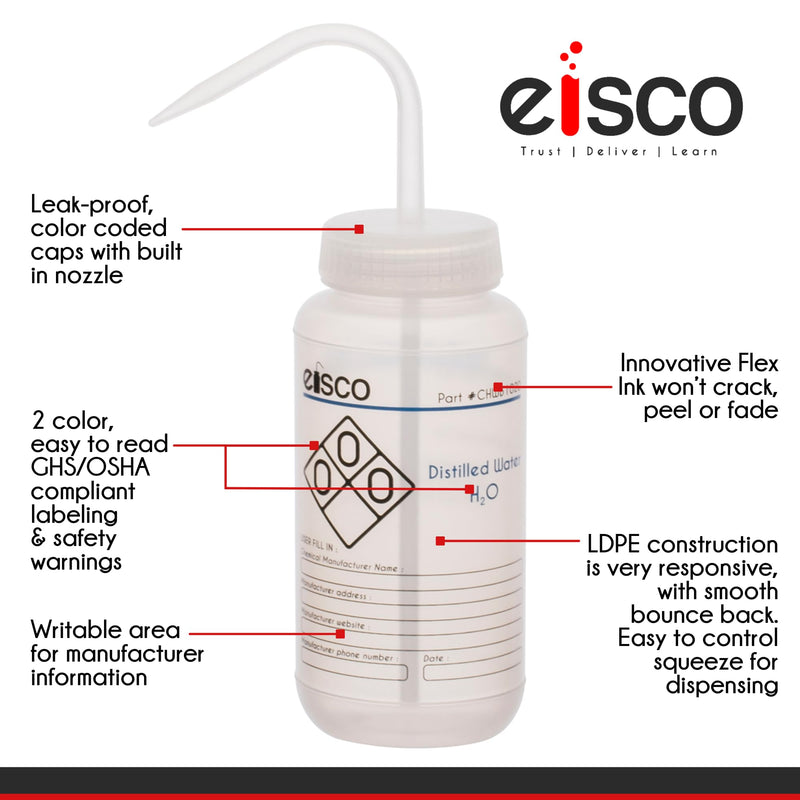 EISCO 6PK Wash Bottle for Distilled Water, 500ml - Labeled with Color Coded Chemical & Safety Information (2 Color) - Wide Mouth, Self Venting, Low Density Polyethylene Labs 6