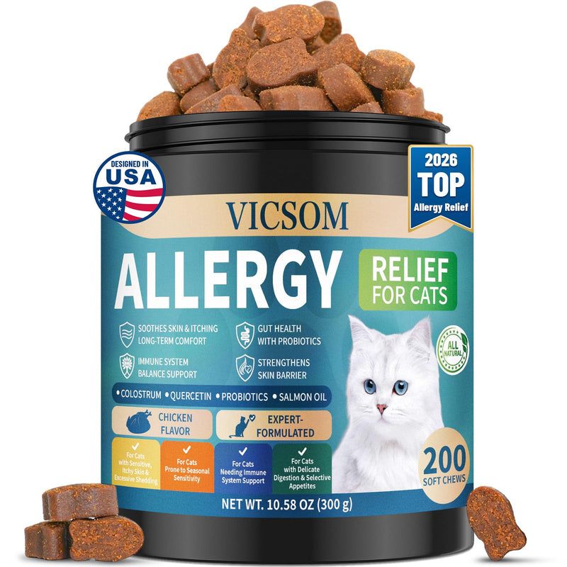 Cat Allergy Relief for Cats, 200 Cat Itchy Skin Allergy Relief Chews for Immune Support & Seasonal Allergies, Anti-Itch Relief for Cats Paws, Eyes, Ears, Stop Licking & Scratching, Chicken Flavor
