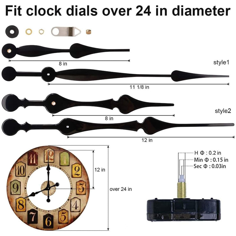 EMOON High Torque Long Shaft Clock Mechanism Kit Replacement Movement with 2 Pairs of 12 Inch Long Spade Hands,Black (Total Shaft Length 1 1/16 in) Total Shaft Length 1 1/16 in Black
