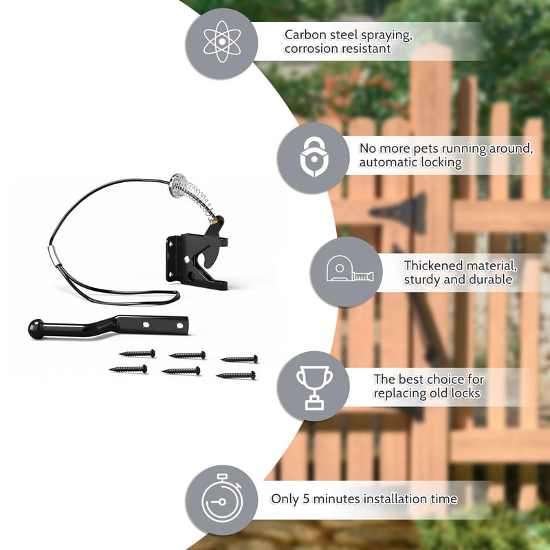 4Pack Gate Latch with Spring Cable Pull for Fence Gate - Carbon Steel - Black,Self Locking Fence Gate Latch,Gate Latch for Wooden Fence,Fence Door Latch (4, Black) 4