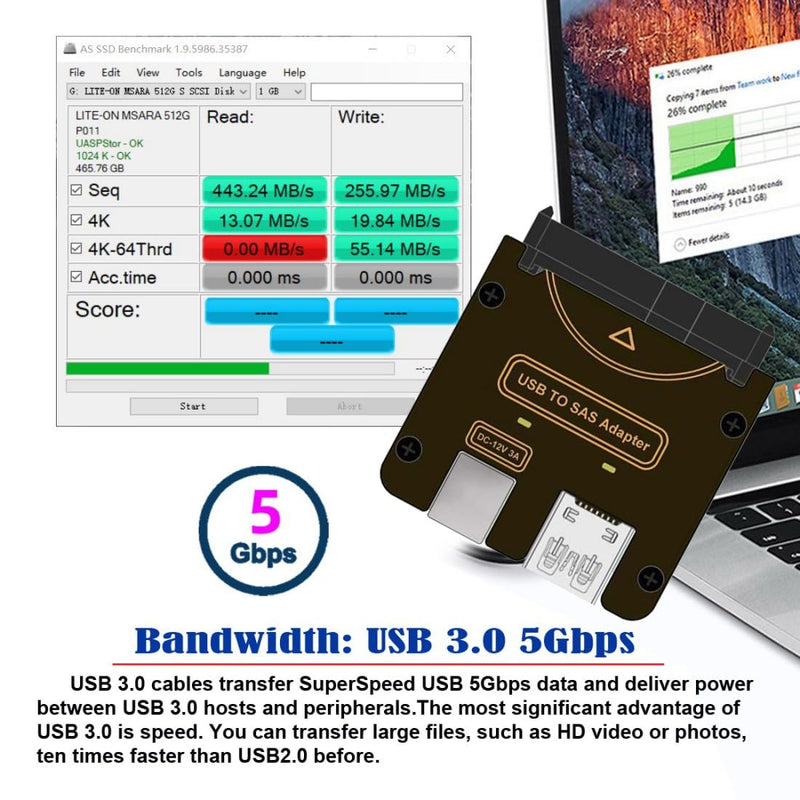 chenyang USB 3.0 to SAS Adapter for 2.5/3.5" SFF-8482 SAS Hard Disks to USB Converter Adapter Without Power Supply (Need Power Supply to Work)