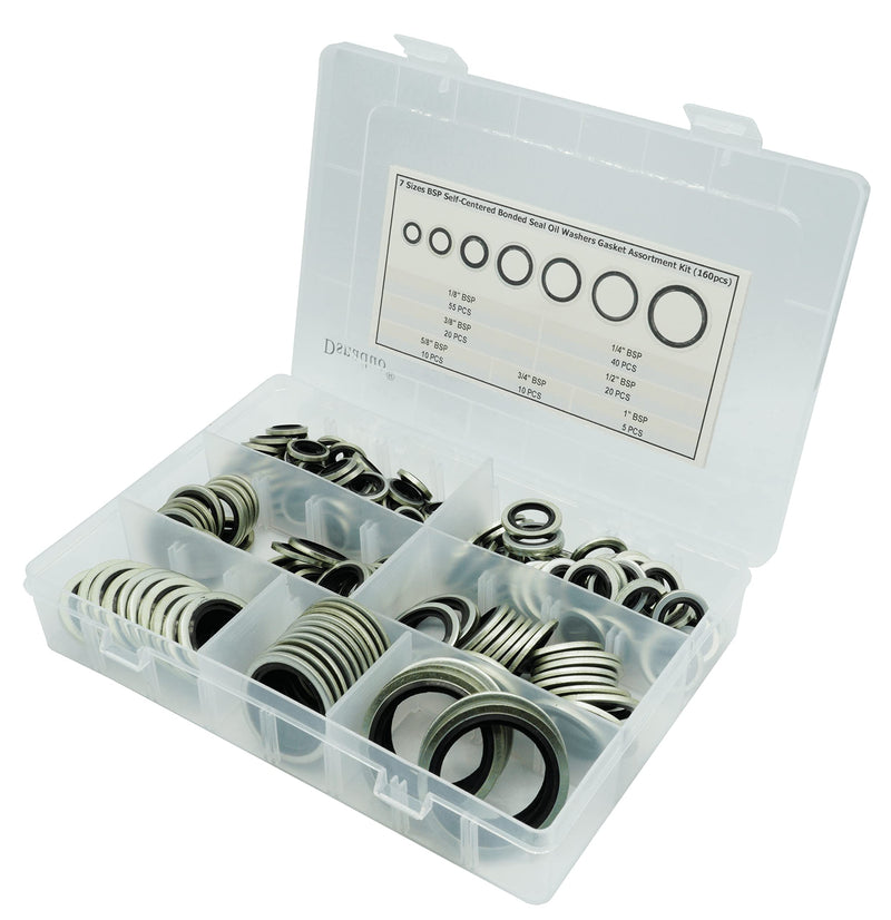 160Pcs, 7 Sizes BSP Dowty Self-Centered Bonded Seal Oil Washers Gasket Assortment Kit Replace 32300 with Box (1/8, 1/4, 3/8, 1/2, 5/8, 3/4, 1), for Automotive, Bearings, Pumps