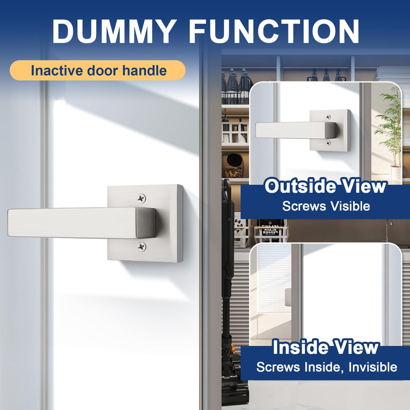 KNOBWELL 2 Pack Brushed Nickel Square Dummy Door Handles Hallway Closet Interior Door Knobs Fake Door Levers Single Side Door Handle