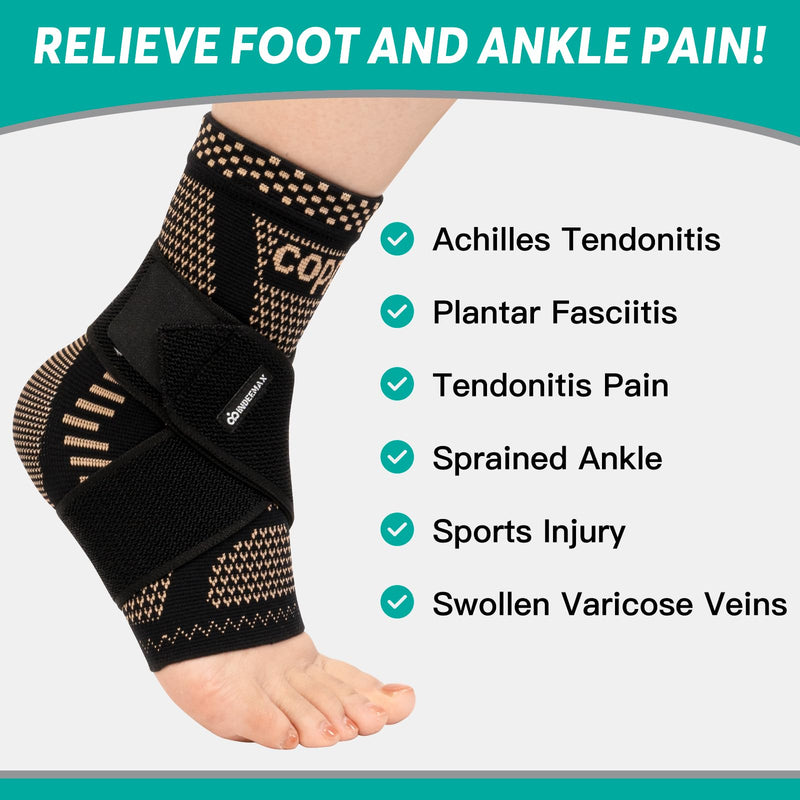 INDEEMAX Ankle Brace for Women & Men, Ankle Compression Sleeve Support Copper Infused Ankle Brace for Sprained Ankle, Plantar Fasciitis Sports, Achilles Tendonitis Pain Relief, Copper Black, M Medium