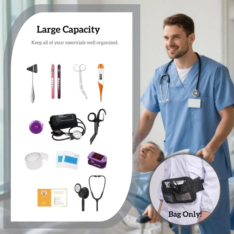 Nursing Waist Bag,Nurse Fanny Pack,Medical Organizer Belt Adjustable Waist Strap/Multi Compartment Suitable for Stethoscopes,Bandage,Scissors and Other Supplies (Black) Black
