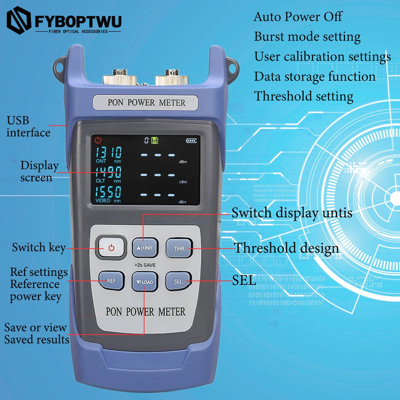Optical Fiber Cable APC PON Power Meter Tester Tool ONT OLT Handheld PON Network Detection Online Fiber Tester with FC SC APC Adapter SC-APC