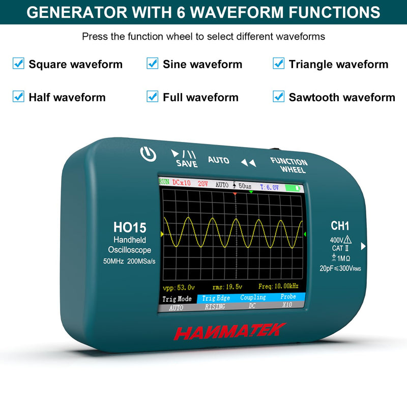 HANMATEK HO15 Handheld Digital Oscilloscope - 50MHz Bandwidth, 200MSa/s High-Precision Sampling, 2.8" TFT Display, USB Rechargeable, Signal Generator,Portable for Fieldwork Professional 50 Mhz