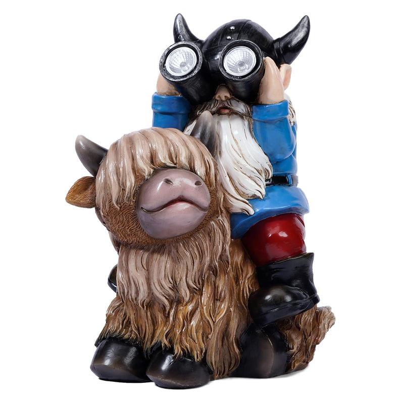 Garden Gnome Statues Resin Gnome Sitting on Highland Cow Solar Lights Outdoor Telescope Gnome Gifts for Yard, Patio Decor Gift(Cow Gnome) Cow Gnome