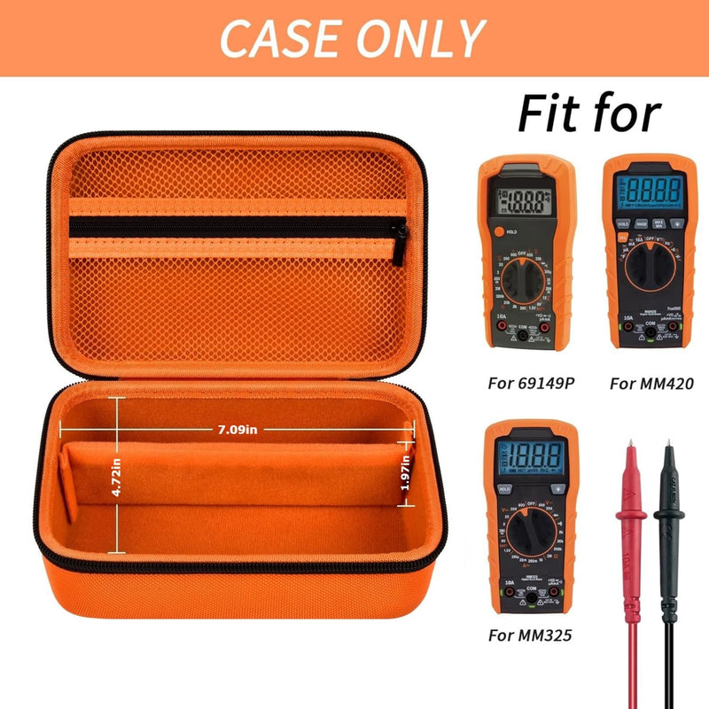 Multimeter Storage Case for Klein Tools MM420/ MM325/ 69149P - Sturdy Waterproof Carry Bag with Black Zipper, Organizer Holder Bag for Test Leads & Probes, Protective Tool Pouch (Box Only) - Orange