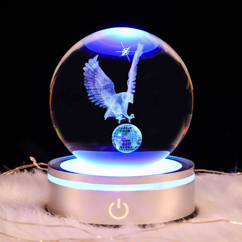 Eagle Gift 3D Crystal Ball with LED Light Base Unique Decor Glass Figurine Lamps Laser Engraved Nightlight for Best Friend Eagle Lovers Keepsake Paperweight