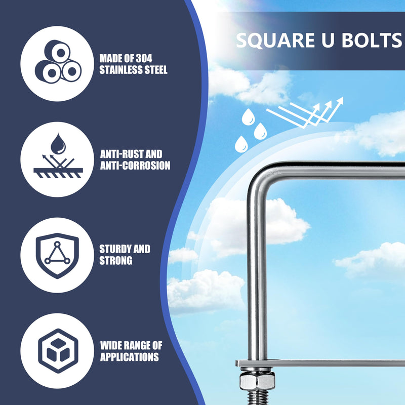 1 Sets M10 Square U-Bolts,u-Bolts 3 inch Wide,304 Stainless Steel Square u-Bolts,with Nuts,Bolt Plate and washers M10 x 80mm x 200mm 1