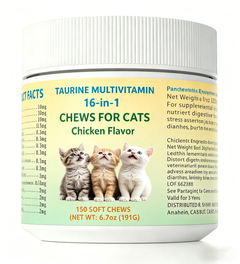 Taurine for Cats Vitamins Treats, Taurine Treats with Coenzyme Q10 for Cats, 16 in 1 Cat Multivitamin Support Skin, Joint, Digestion & Immune Supplement, 150 Chicken Flavored Chews