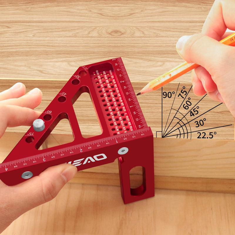 3D Carpenter Square with Degrees Scriber, 22.5-90 Degree Drawing Line Ruler with Pin, Precision Square for Woodworking, Construction, Craftsmen and DIY (Inch) Inch